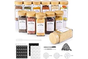 LXUDN 12 Gewürzgläser Eckig Bambusdeckel,4oz Gewürze Aufbewahrung,Gewürzbehälter mit Etiketten,Glas Gewürzglas,Gewürzstreuer Luftdicht,Spice Jars,Gewürzdosen Luftdicht,Kitchen Storage Gewürz Organizer