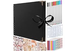 Bstorify Large Scrap book Photo Album, (198 PCS) - 80 Pages 28 x 20 CM With 174 PCS Vintage Scrapbook Accessories Paper, 10 PCS Metallic Marker, 6 Stickers, 120 Photo Corners & 5 Stencils (Black)