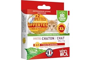 Vétobiol Pipettes Chaton Chat 500 g à 5 kg Bio 6 Pipettes + 2 Pipettes Offertes