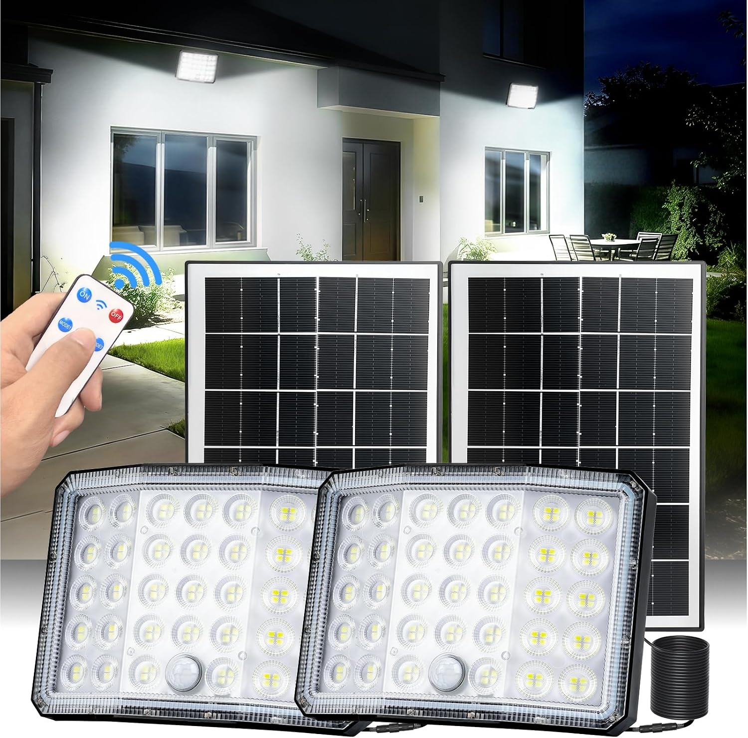 Luz Solar Exterior, 3600mAh 4 Modos Focos LED Exterior Solares con Control Remoto, 210° Iluminacion Luces Solares LED Exterior, IP66 Impermeable Foco Solar Exterior Luces Solares Exterior, 2 Paquetes
