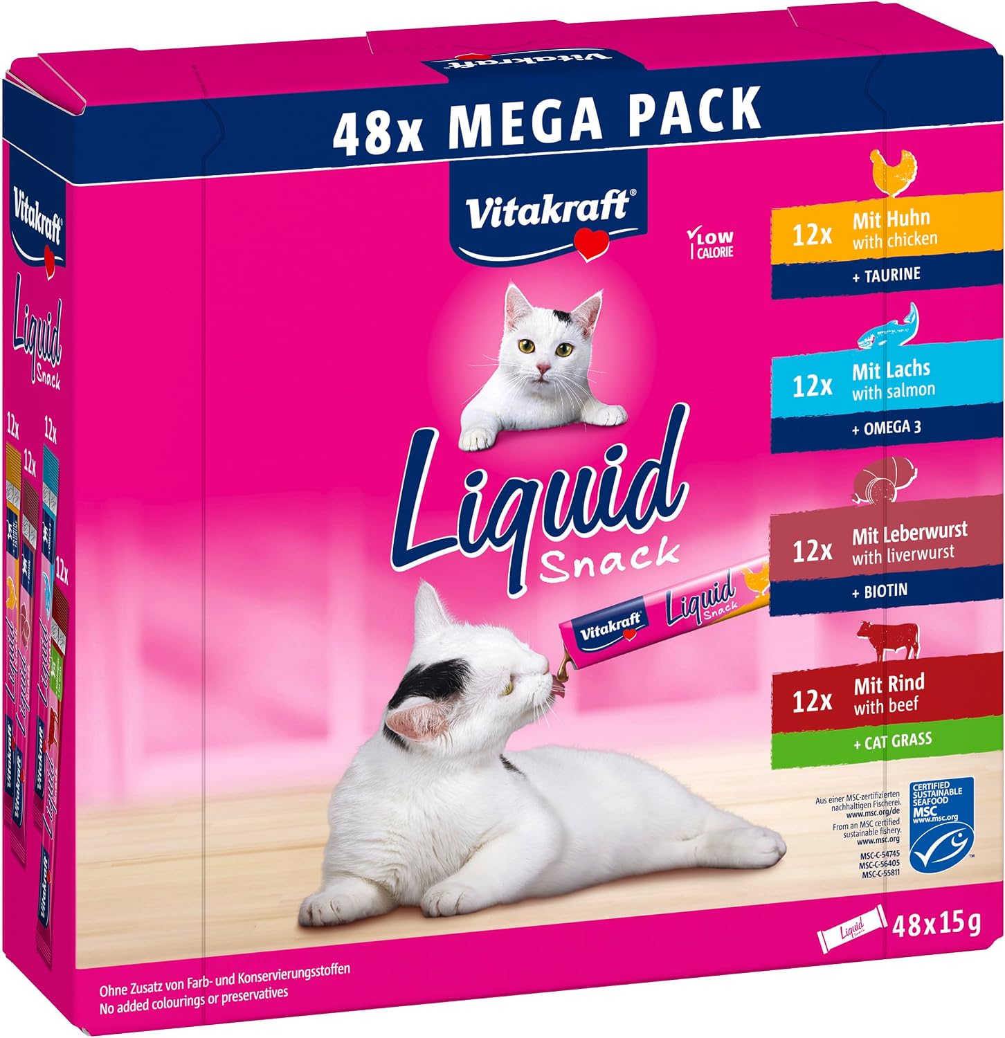 Vitakraft Snack liquide pour chats, friandises pour chats dans un méga pack (48 x 15 g), texture crémeuse, avec bœuf, poulet, saumon