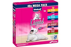 Vitakraft Liquid Snack para gatos, golosinas para gatos en Mega Pack, textura cremosa, con ternera, con pollo, con salmón, 1 paquete de almacenamiento (48x 15g)