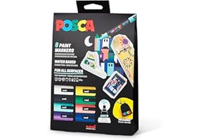 POSCA 182598 - Set di pennarelli POSCA con custodia in tessuto, 8 penne acriliche PC-5M, pennarello permanente con punta tonda da 1,8 a 2,5 mm