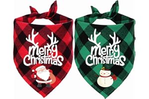STMK 2 Pack Christmas Plaid Dog Bandanas, Merry Christmas Holiday Plaid Dog Bandanas for Large Medium Dogs Pets (Red & Green, Snowman & Santa)