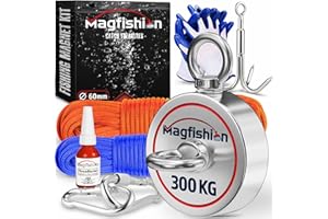 MAGFISHION Calamita Potente - Set di Magnete da Pesca - Forza di Trazione 150 KG - Ø60mm - Magneti al Neodimio - Calamite Potenti con 2 Corde, Grappino & Guanti - Magnet Fishing