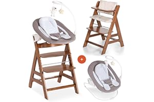 hauck Alpha Plus Newborn Set Deluxe Trona Evolutiva Bebe con Hamaca, Cojín y Arnés - Hamaca Alta Reclinable desde el Nacimiento - Silla Madera Niño Regulable - Tronas Infantiles de Madera - Nogal