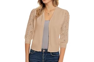 GRACE KARIN Women Cropped Cardigan Sweater 3/4 Lace Sleeve V-Neck Button-up Knitwear for Summer