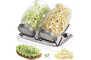 Cinnani Kieliszek do Kiełkowania Zestaw 1,000 ml Słoik do Kiełkowania ze Szkła z 2 Regulowanymi uchwytami, 2 Filtry ze Stali Nierdzewnej i 1 tacką. do Hodowli Kiełków