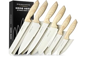 Home Hero Set di coltelli da cucina con affilacoltelli - Ceppo coltelli in acciaio inossidabile ad alto tenore di carbonio con manici ergonomici (12 pezzi - Crema)