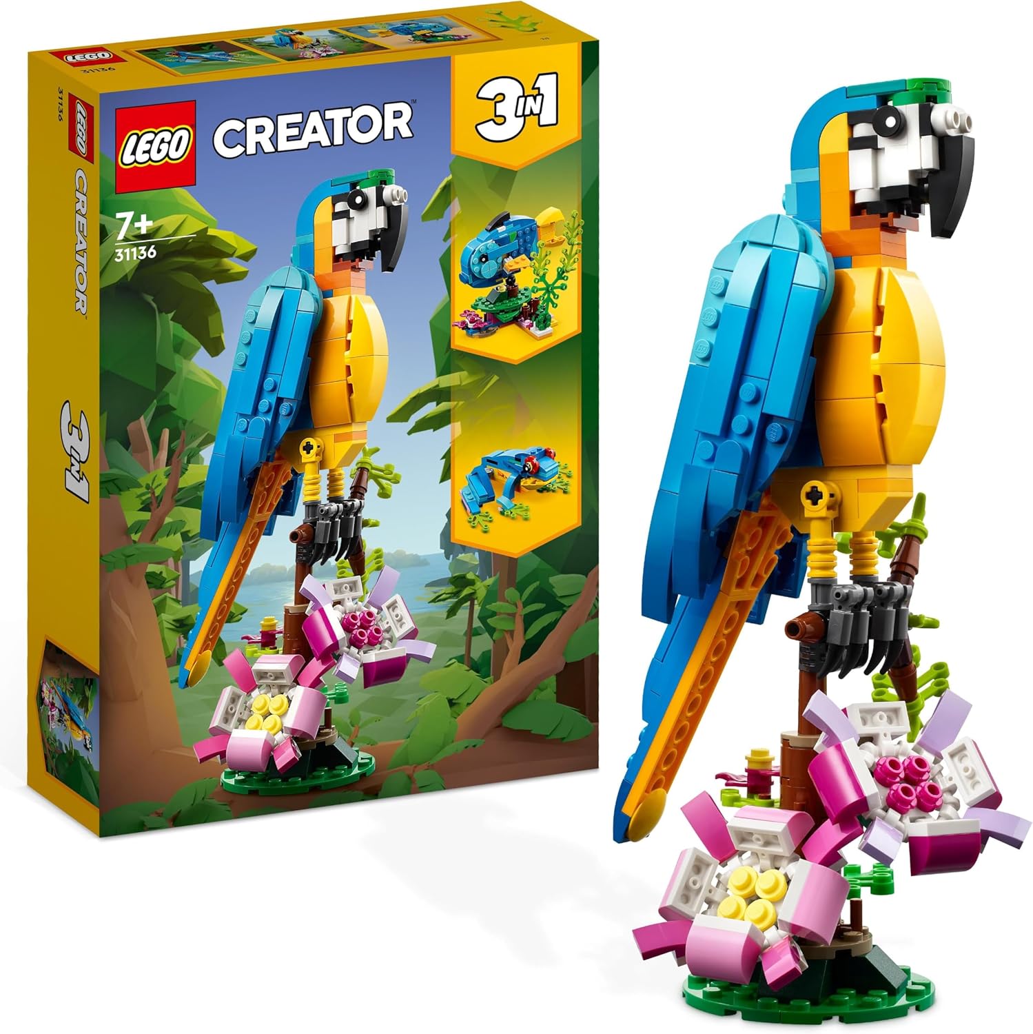 LEGO 31136 Creator 3-en-1 Le Perroquet Exotique, Jouet de Construction, Figurines Animaux de la Jungle, avec Grenouille et Poisson, Jeu Créatif Enfants Dès 7 Ans