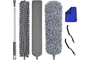 MUXUN Feather Duster 7Pcs Dusters For Cleaning Extendable Pole Up to 100'', Long Handle Duster Bendable Dusters for Ceiling Chandelier Furniture, with Crevice Cleaning Brush, Microfiber Cloths
