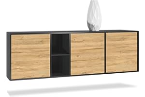 Vladon Cómoda Cuba - Negro Mate/Roble Natural - Aparador Moderno para su salón - (AnxAlxPr) 182x53x35 cm