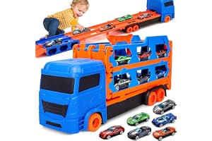 GQBVPN Transport Lastbilar Leksaker för Barn med Eyection Bana 3, 4, 5, 6 År, Portable Transport Lastbil Leksaker med 6 Racing Biler, Leksaker Spel för Barn