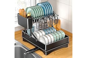 UCAMP Egoutoire Vaisselle Cuisine,Égouttoir Vaisselle en Acier Inoxydable,Egoutoire Vaisselle,2 Niveaux avec Porte-ustensiles et Bec D'Égouttage Pivotant,Rangement et Organisation de Cuisine