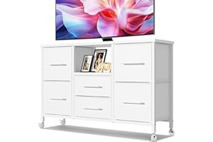 Adoture Chest of Drawers for Bedroom with 6 Fabric Bins, 43.3'' Long TV Stand with Open Storage Shelf, TV Table with 4 Castors for Living Room (White without Charging Station)