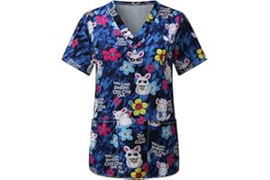 thuthu Kasack Damen Pflege Mit Karikatur Motiv Bunt T-Shirt Schlupfkasack Mit Taschen Kurzarm V-Ausschnitt Schlupfhemd Berufskleidung Krankenpfleger Uniformen Nurse Kasacks Damen Pflege