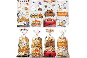 GUO-YING Cellophantüten, 100 Stücke Halloween Tüten für Süßigkeiten Cellophantüten, Süßigkeiten Tüten mit 120 Stücke Twist Krawatten (orange Farbe)
