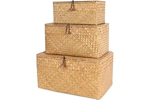FEILANDUO Juego de 3 cestas de estante con tapa para decoración del hogar, cestas de almacenamiento de pastos marinos de ratán natural tejido rectangular (Grande, Naturales)