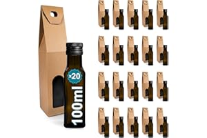 Espirito Rebelde 20 mini bottiglie in vetro scuro da 100 ml con tappo a vite nero + 20 scatole | piccole bottiglie per olio d'oliva, aceto, alcool | flacone per campioni