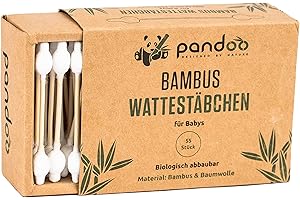 ‎PANDOO pandoo 4er Pack Bambus Wattestäbchen mit großem Sicherheitskopf (220 Stück) | Biologisch-Abbaubar, Vegan, Plastikfrei, Holzfrei & Nachhaltig | Ohrenstäbchen für Babys und Kinder