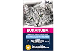 EUKANUBA - Croquettes Premium Chat Stérilisé ou en Surpoids – Adulte, Senior – Alimentation Complète et Equilibrée - Riche en Riz - Au Poulet Frais – Sans OGM, Sans Blé - Sac refermable – 10kg