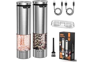 VOXON Molinillo Pimienta Eléctrico Set de 2, Salero y Pimentero con Recarga USB, 5 Niveles Ajustables, Pimentero Eléctrico Automático con Luz LED – Saleros de Cocina para BBQ y Hogar
