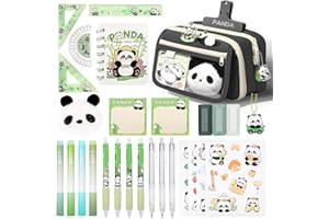 KOSTACHI Trousse Panda Kawaii avec Papeterie, Ensemble de Fournitures Scolaires Kawaii avec Trousse Panda, 4 Stylos Gel, 4 Surligneur, 3 Porte-Mines, 2 Notes Autocollantes, Set Papeterie Panda, Noir