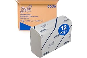 Scott Essential Essuie-mains Pliés en V, Papier Blanc, Doux, Résistants, Haute Absorption, Écoresponsables, 12 Clips x 220 Feuilles (2.640 Feuilles au Total), article 6636