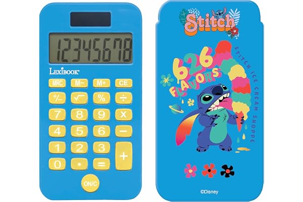 Lexibook, Disney Stitch, Calculatrice de Poche Stitch avec Couvercle de Protection, Fonctions Classiques et évoluées, à Piles et Solaire, Bleu, C45D