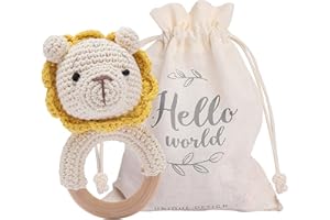 Youuys Giocattolo Sonaglio Neonati in Legno, Con Suono, Massaggiagengive All'uncinetto, Giochini Dentizione Neonati, Animali Morbidi Giocattoli, Regalo per Neonati Bambini (Leone)
