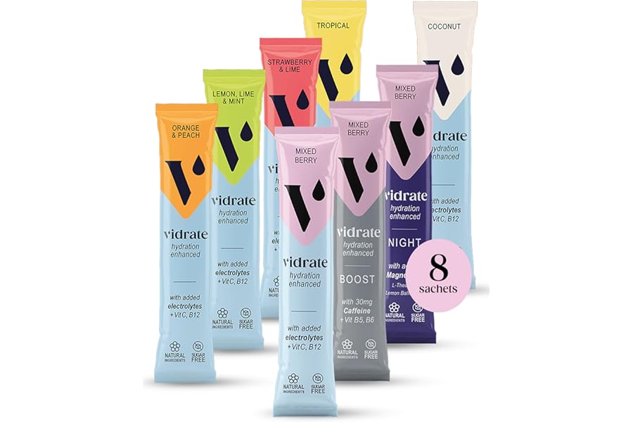 Vidrate Electrolytes Powder - Hydration Sachets Packed with Vitamins - Zero Sugar Rehydration Sachet with No Artificial Sweeteners & Preservatives - Mixed Berry Variety Pack, 8 Electrolytes Sachets
