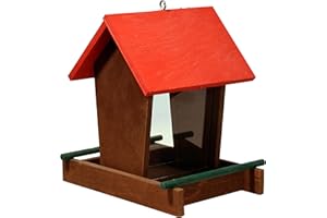 ‎DOBAR dobar® 91108FSCe Vogelfutterstation Holz hängend - Vogelfutterspender Holz mit Futtersilo - Vogelhaus kleine zum Hängen - Vogelfutterhaus für Ganzjahresfütterung - 16 x 21 x 20 cm - Rot/Grün/Braun