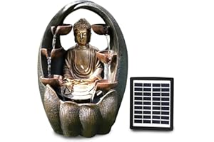GEEZY Solar Water Features for the Garden – Outdoor Golden Buddha Fountain with LED Lights – Solar Powered, Self-Contained – Easy Setup, Relaxing & Cascading – Ideal for Garden, Patio & Balcony Decor