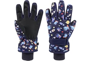 QKURT Guantes de esquí de Invierno para niños Estampado de Dinosaurio Espacial, Antideslizantes, de Poliuretano, para Trineo, Resistentes al Viento, para Clima frío, para Nieve, de 4 a 9 años.