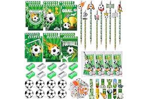 CLEBOEN Football Party Bag Children's Birthday Party Favours Boy Pencils with Clip Notebooks Erasers Sharpener Bookmark Sticker Zip Bag Football Stationery Set Children School Cone Filling