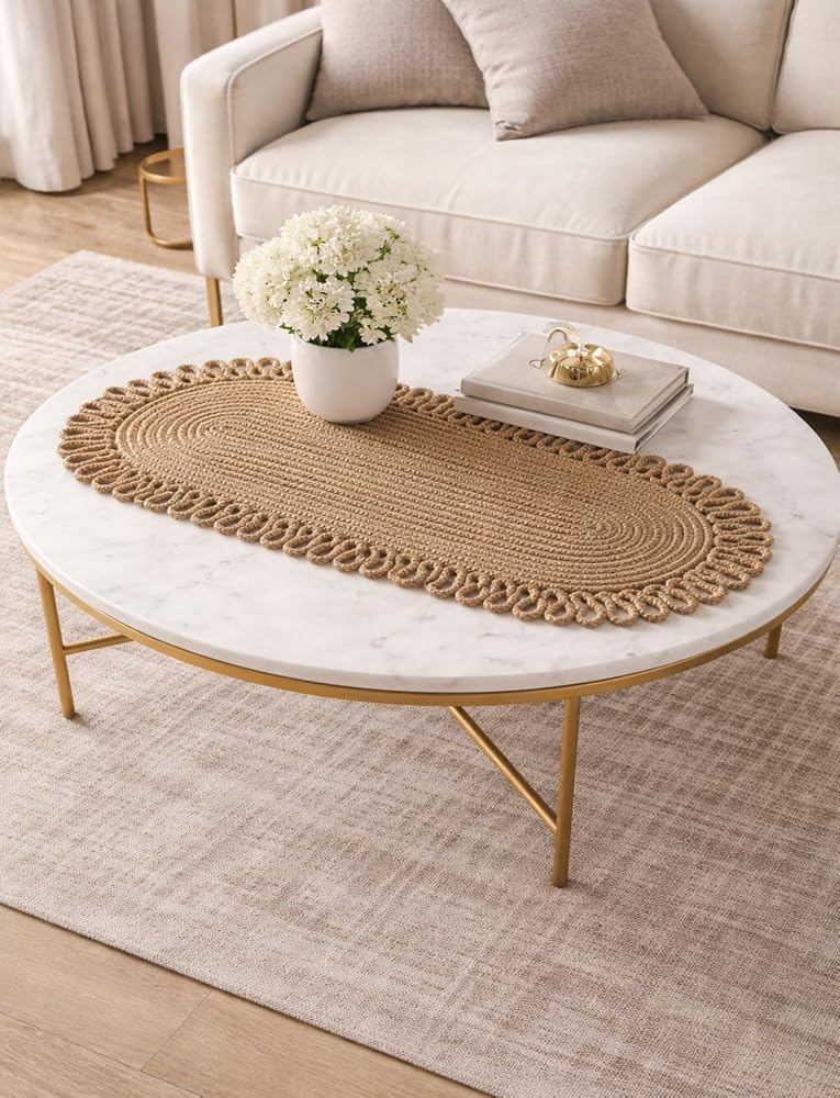 ODIYO Oval Jüt Runner Masa Örtüsü, 30x70 cm, Hasır Dokuma, Çift Taraflı, Doğal (hasır)