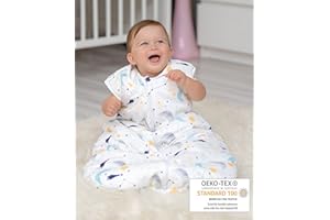 bisoo Sacco Nanna Invernale 0-6 Mesi - 1 TOG Leggero - Sacco Nanna Neonato - 100% Cotone Certificato OEKO-TEX Standard 100 (Interno in Jersey) - Design Unisex Notte Stellata - 70cm
