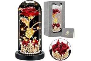 BoriYa Regalo dia de la Madre - Regalos para Mujer, Rosa Eterna con Corona,Roja Flor Eterna con Luz LED, Rose de Cristal en Cupula, la Bella y la Bestia Rosa Regalo, Regalos Originales para Mama,Mujer