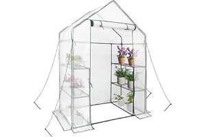 heyfurni Walk in Greenhouse with PE Cover, 3 Tier 6 Shelves Green House with Large Reinforced Tubular Steel Frame, Portable Growhouse for Indoor and Outdoor, 143x73x195cm, White