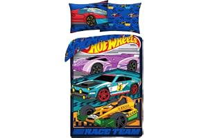 Hot Wheels Race Team Enkelsäng Påslakan 140x200 + Örngott Racingbilar Blå | Vändbart sängset | Mikrofiber snabbtorkande Oeko-Tex | Racerbilar vid startlinjen