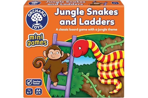 Orchard Toys Jungle Snakes and Ladders Mini Game, Small and Compact, Travel Game, Perfect for Children Age 4-7, Travel Game