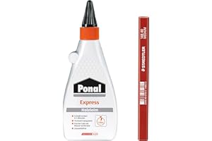 STAEDTLER Ponal Express Holzleim in 5 Minuten trocken, transparenter Holzkleber für vielseitige Verleimungs- & Bastelarbeiten, Spar-Set mit 550 g Holzleim und einem hochwertigen Zimmermanns-Bleistift
