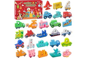 AIKUNLNB Advent Calendar 2025 Kids,Wooden Alphabet Transportation Puzzles for Toddlers,52 Pcs ABC Matching Game,Christmas Countdown Wood Transportation Puzzles and Preschool Learning Activities for Boys,Girls