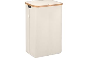 Lonbet - Kosz na pranie z pokrywką duży - XXL 100 litrów - kosz na pranie drewno bambusowe - kosz na pranie beżowy z uchwytami - Kosz na pranie z pokrywką - Kosz na pranie