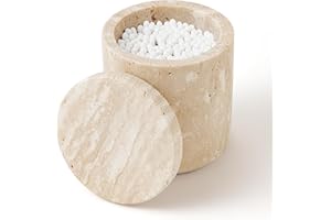 WORHE Travertine Stone Canister Natural Marble Cotton Bud Holder with Lid Large Capacity Cotton Pads Storage Dispenser for Cotton Swab Cotton Ball Makeup Pad Bath Salt (Beige)