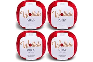 Wollidu Kira - Lot de 4 x 50 g pelotes de fil à tricoter 100 % coton - Pour tricot et crochet - Rouge