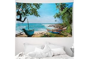 ABAKUHAUS Plage Tapisserie, Paysage Tropical Ocean, Décoration Murale en Tissu pour la Chambre à Coucher Le Salon Le dortoir, 230 cm X 140 cm, Bleu Vert
