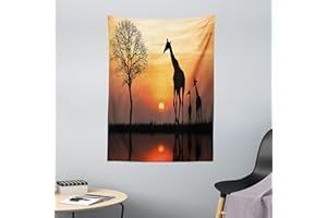 ABAKUHAUS África Tapiz de Pared y Cubrecama Suave, Jirafas en los Arbustos Junto al Lago Horizonte en Medio de la Nada Imagen, Material Resistente, 110 x 150 cm, Naranja