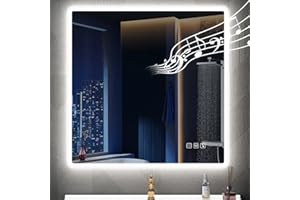 STARLEAD Espejo-Baño-con-Luz 80x80cm con Bluetooth, Antivaho, Espejos-de-Baño-con-LED, Regulable, 3 Colores Luz, Función Memoria, IP44 Vidrio Templado HD Cuadrado Espejos-de-Pared