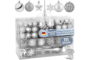 ‎COSIA cosia Weihnachtskugeln Silber Set 111 Stück - Weihnachtskugeln Kunststoff in vielen Farben & Größen inkl. S Haken Befestigung - 111 Christbaumkugeln Kunststoff - Weihnachtsbaum Kugeln